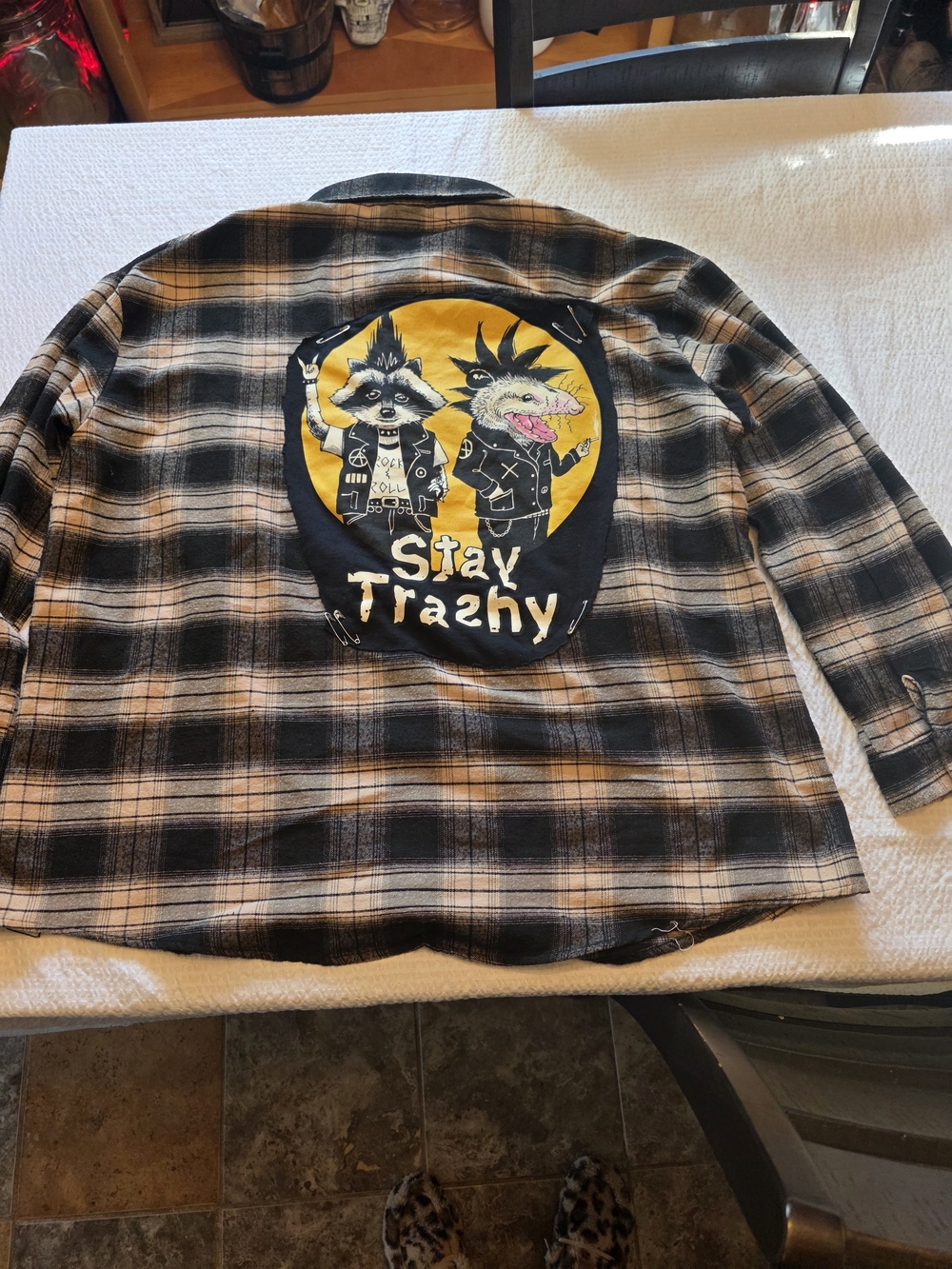 Upcycled Stay Trashy Plaid Button-Down Shirt Jacket - Black & Tan